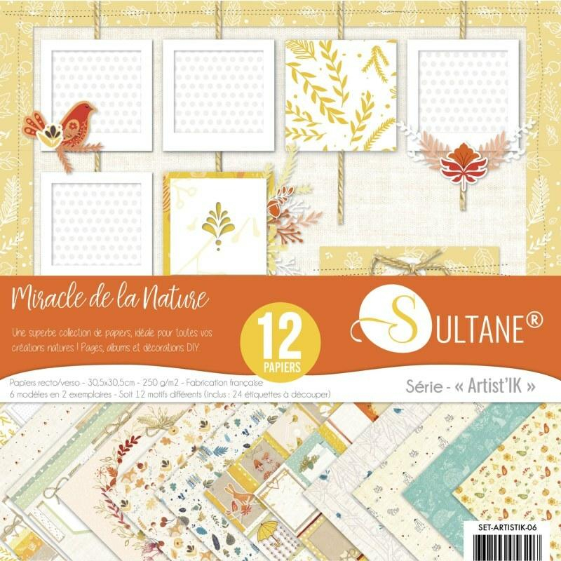 Set de 12 papiers Sultane recto/verso 30,5x30,5 cm - 250 g/m2 - Collection comme la nature est belle