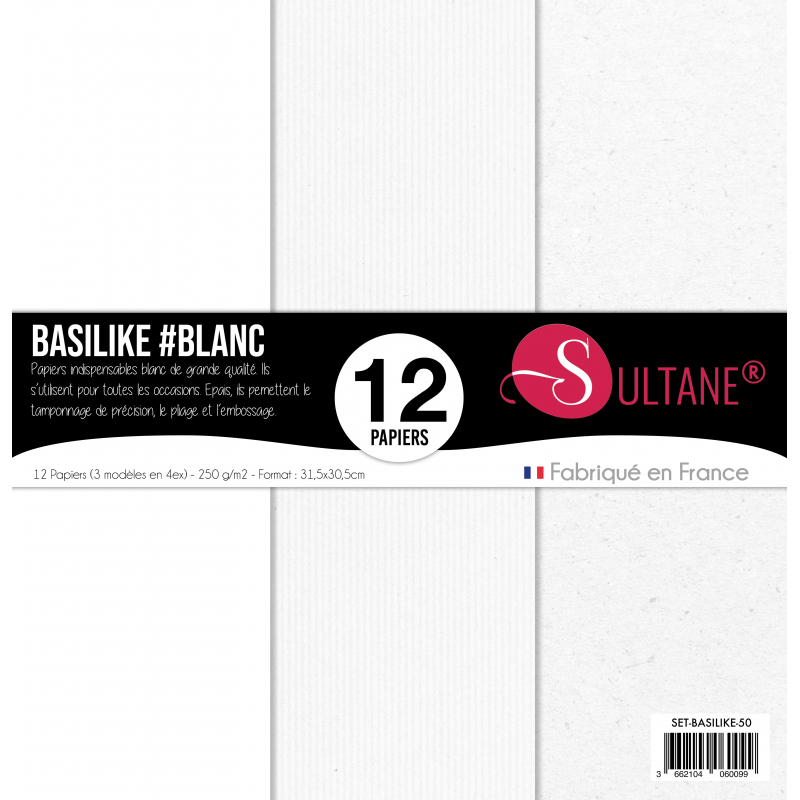Set de 12 papiers Sultane Authentik Unis / Lignés / Recyclé - Blanc