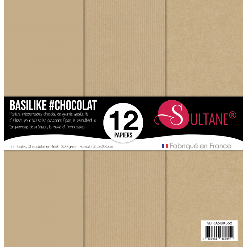 Set de 12 papiers Sultane Authentik Unis / Lignés / Recyclé - Chocolat